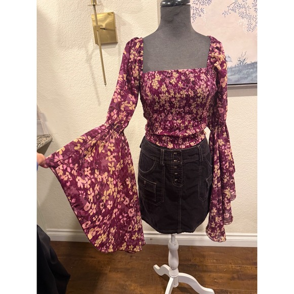 Live 4 Truth Tops - Live 4 Truth Purple Floral Smocked Crop Top Long Bell Sleeve Boho Blouse Womens